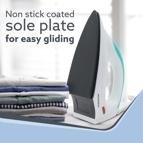 Grand Electric Dry Iron, 1000W, Non- Stick Coated Sole Plate, Fast Heating, Removes Wrinkle, Creases, Green & White